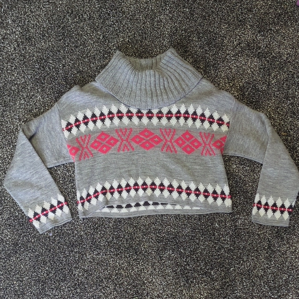 Rue21 XL Gray Fair Isle Knit Sweater Cropped Turtleneck USA Made Acrylic